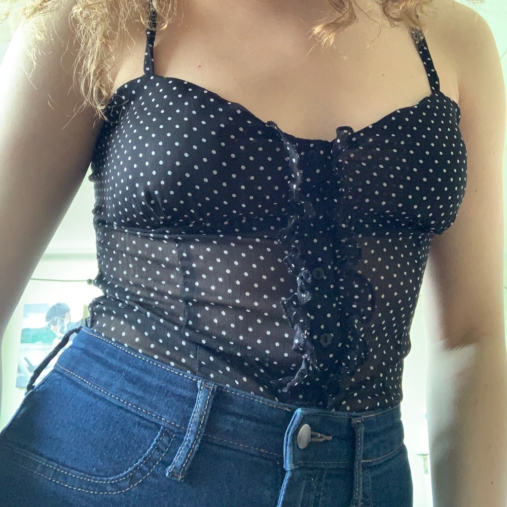 Vintage mesh tank polkadot button up w/ ruffle